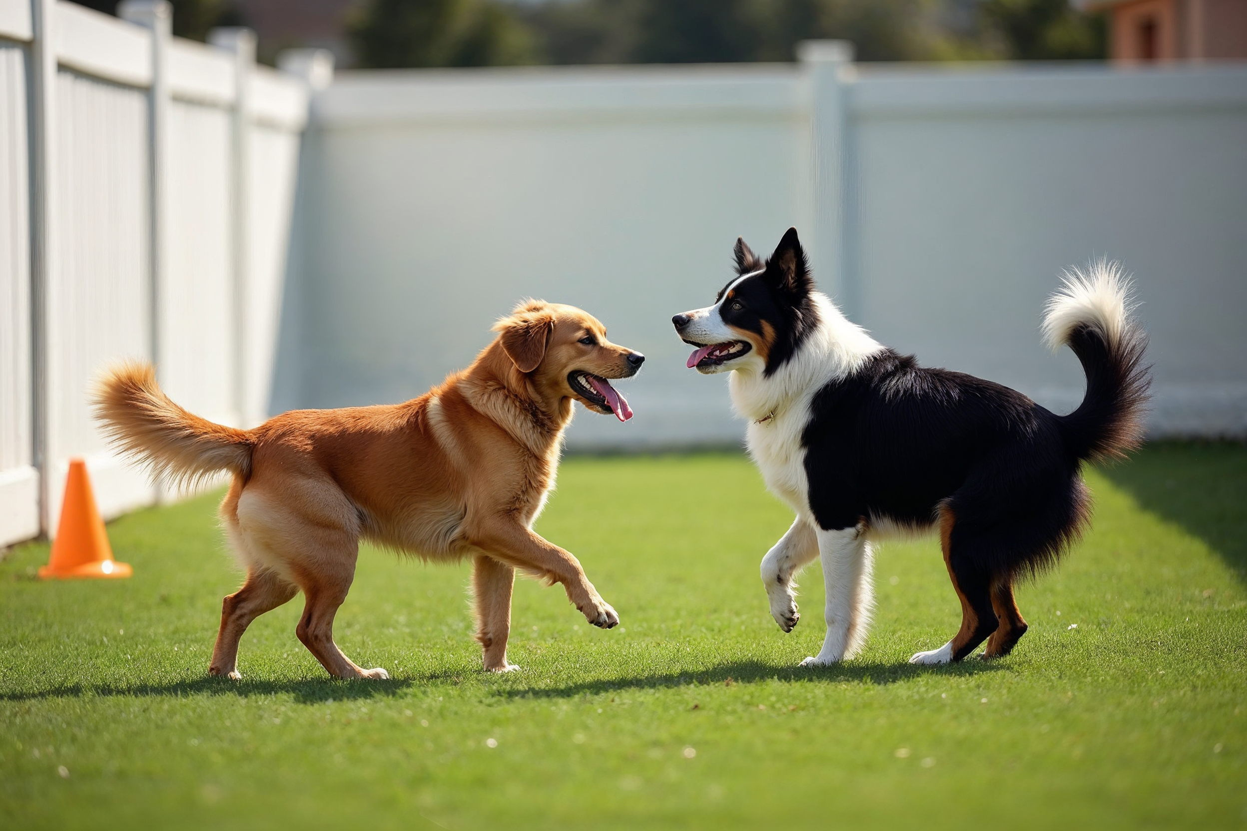 İki köpek oyun alanında heyecanla koşuşuyor