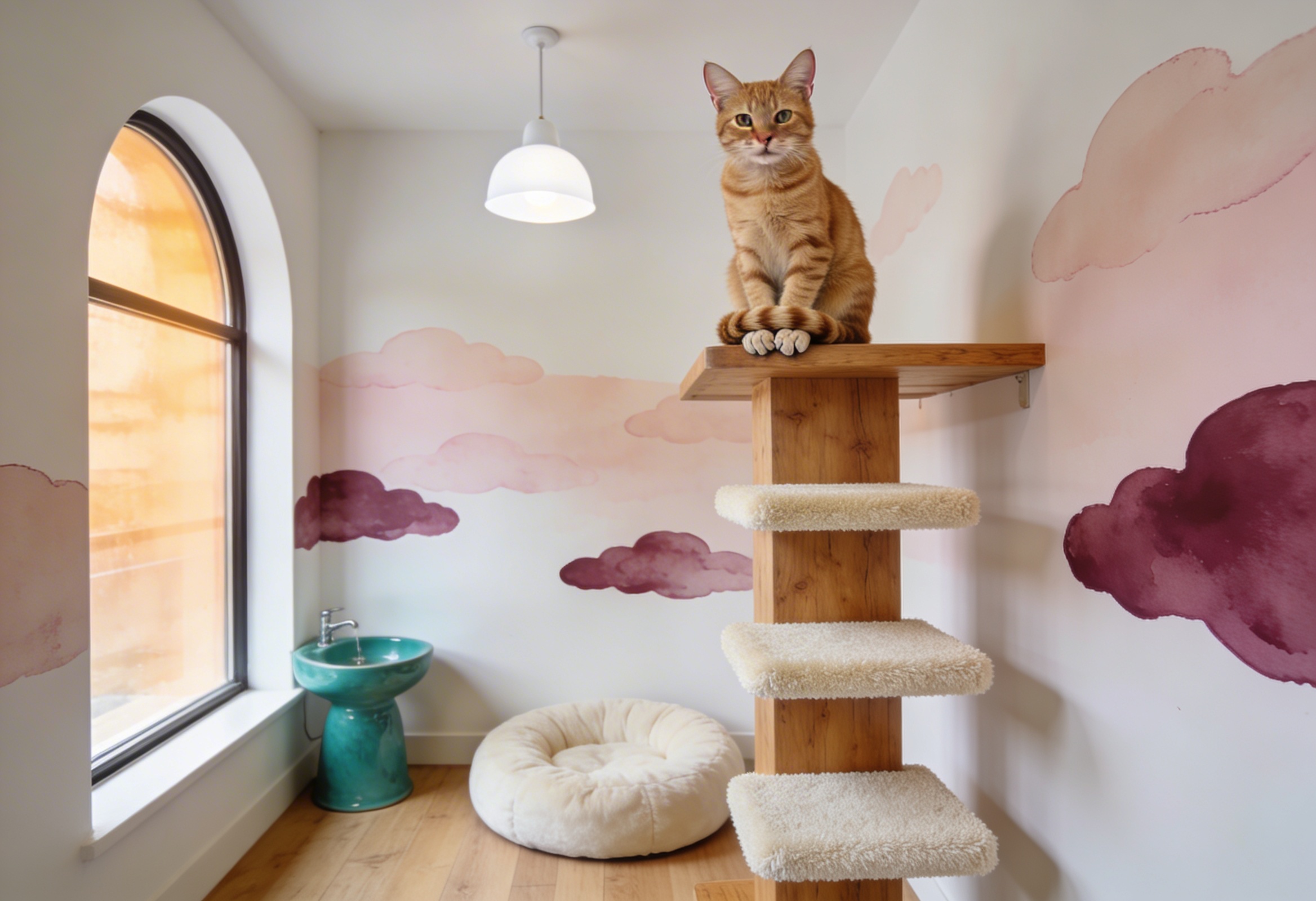 Loft süitinde kedi yüksek uyku platformunda