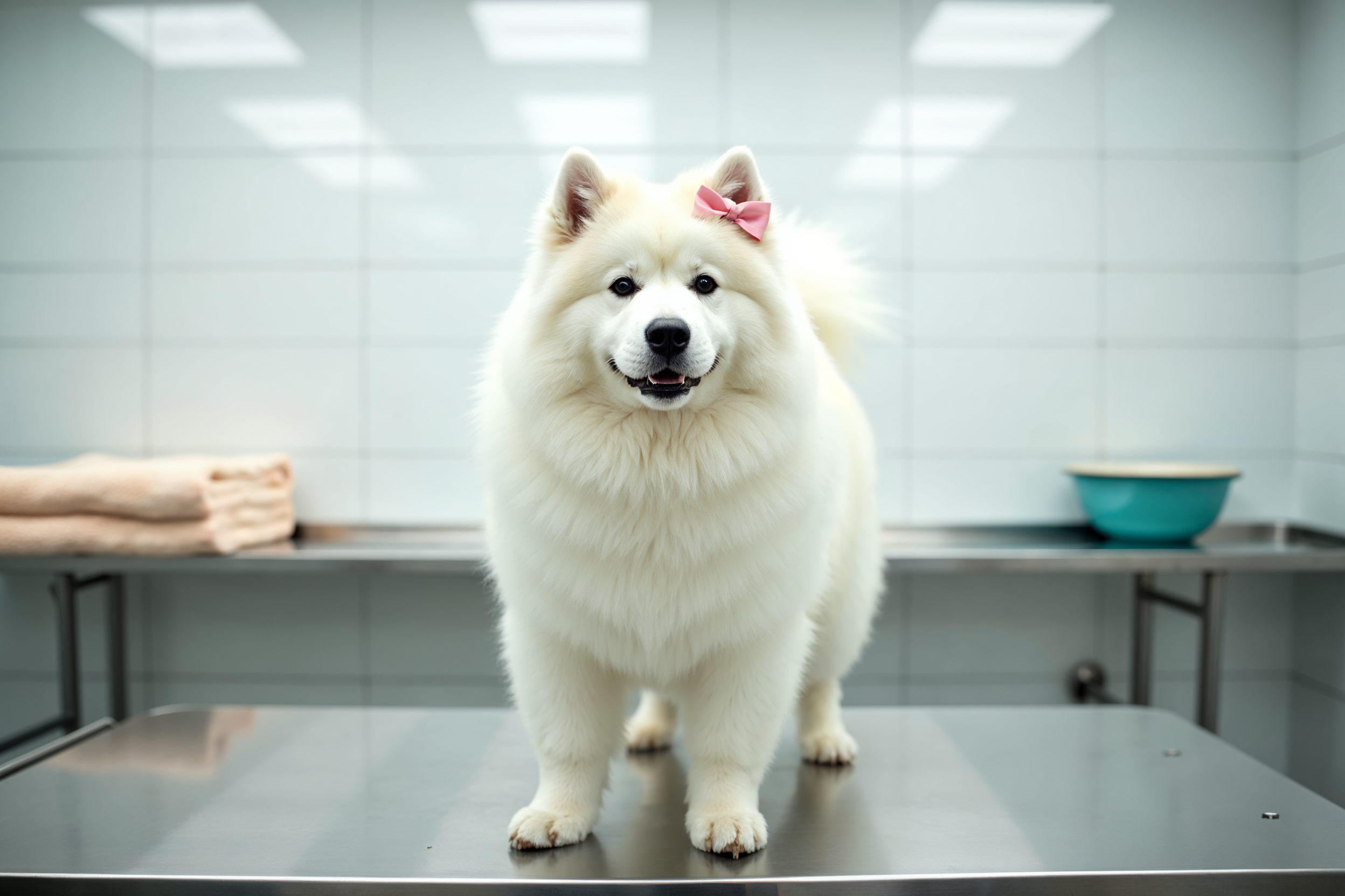 Tımar sonrası parlayan temiz beyaz tüylü köpek